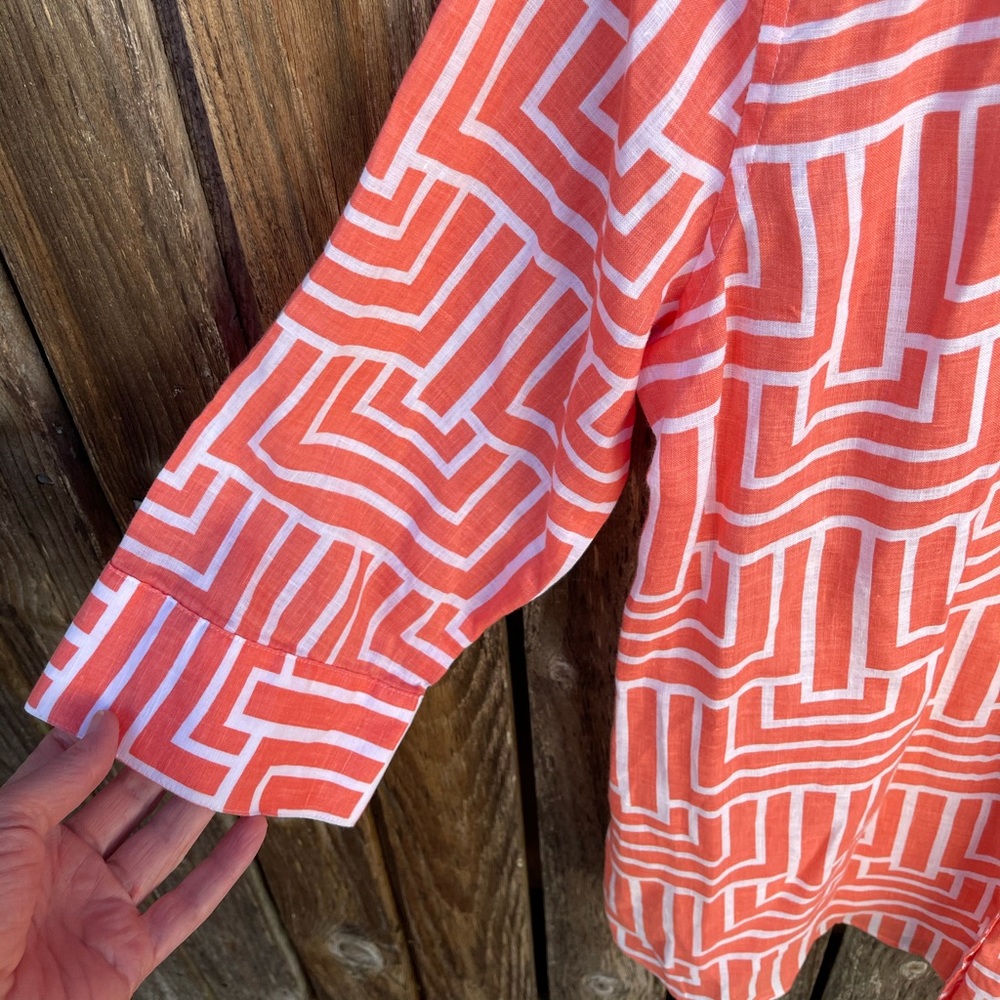 Chicos Linen Shirt 1 No Iron Orange White 3/4 Sleeve - Picture 4 of 7